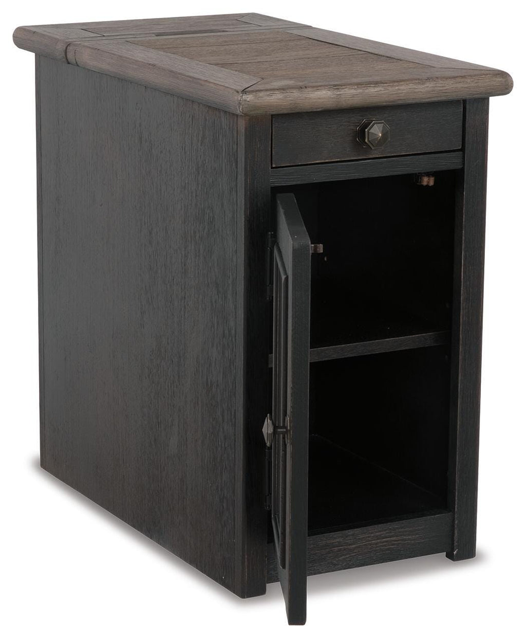 Tyler Creek Chairside End Table with USB Ports & Outlets in Grayish Brown/Black, open view