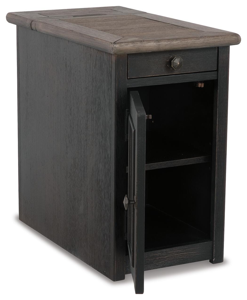 Tyler Creek Chairside End Table with USB Ports & Outlets in Grayish Brown/Black, open view
