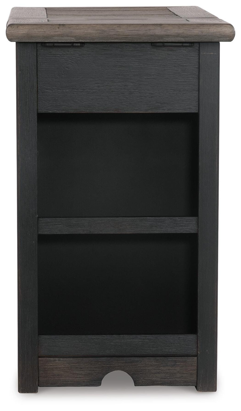 Tyler Creek Chairside End Table with USB Ports & Outlets in Grayish Brown/Black, back view