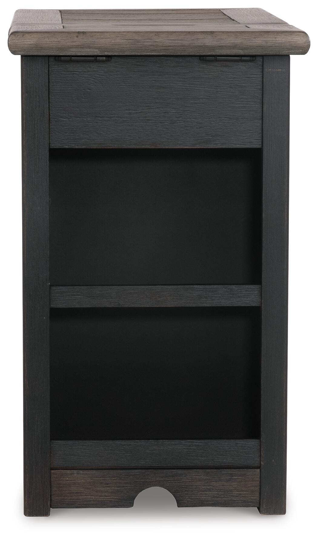 Tyler Creek Chairside End Table with USB Ports & Outlets in Grayish Brown/Black, back view