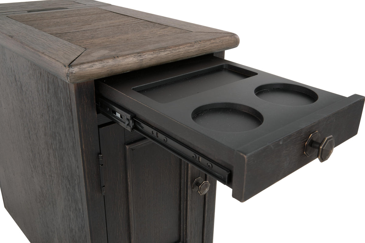 Tyler Creek Chairside End Table with USB Ports & Outlets in Grayish Brown/Black, detail view