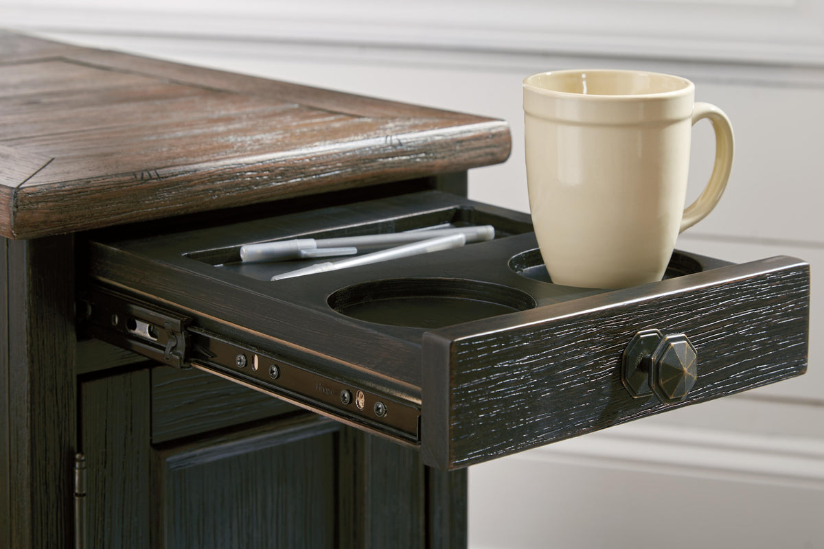 Tyler Creek Chairside End Table with USB Ports & Outlets in Grayish Brown/Black, detail view