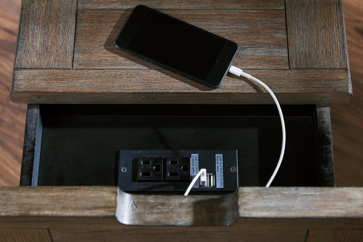 Tyler Creek Chairside End Table with USB Ports & Outlets in Grayish Brown/Black, detail view