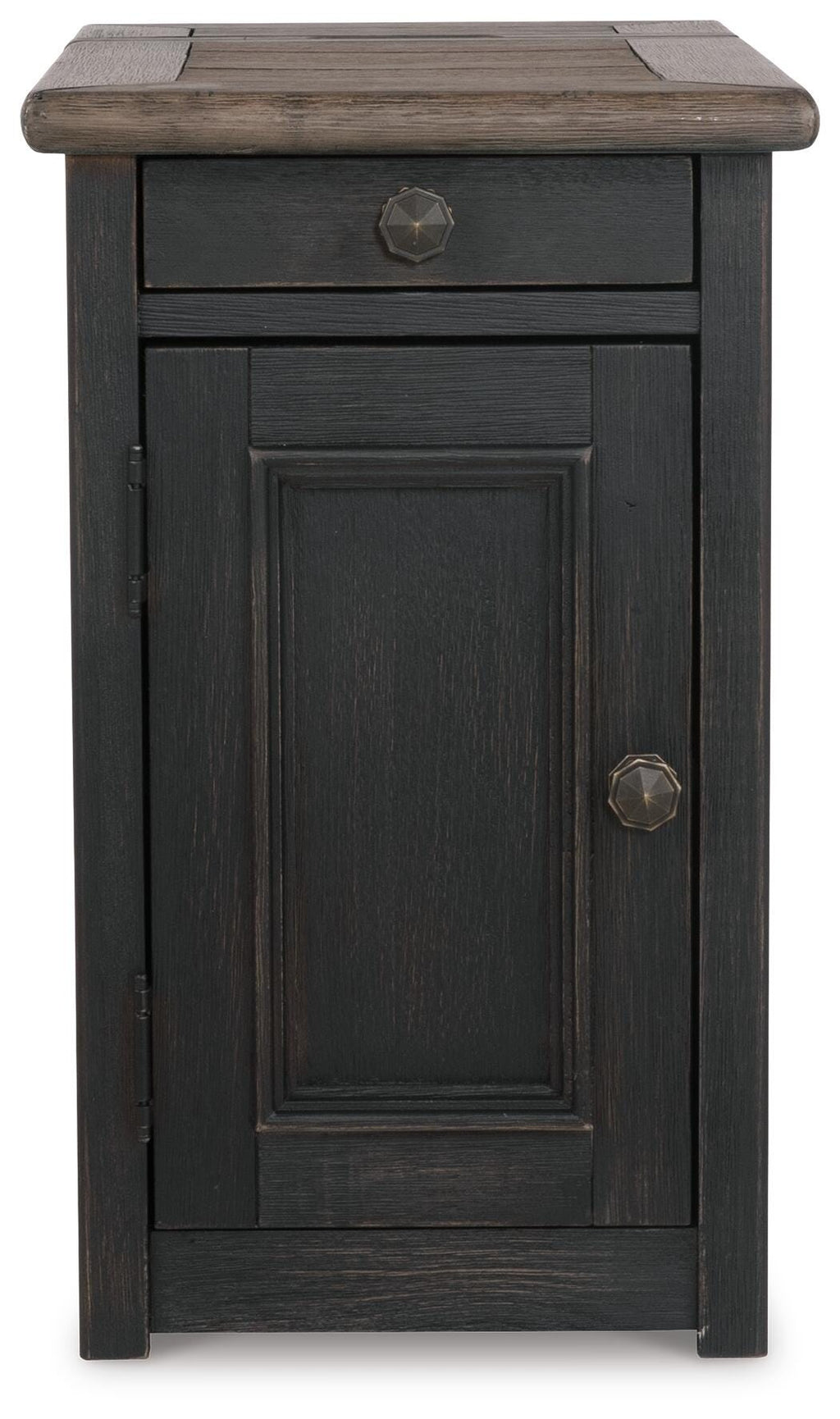 Tyler Creek Chairside End Table with USB Ports & Outlets in Grayish Brown/Black, front view