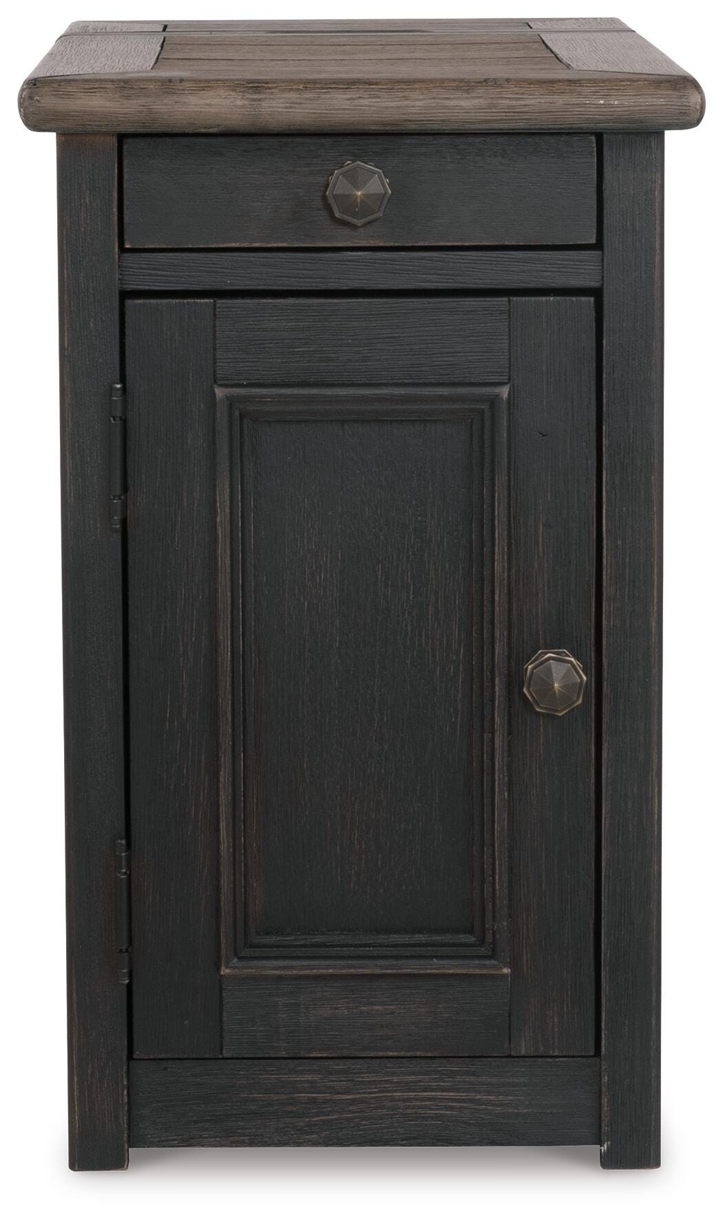 Tyler Creek Chairside End Table with USB Ports & Outlets in Grayish Brown/Black, front view