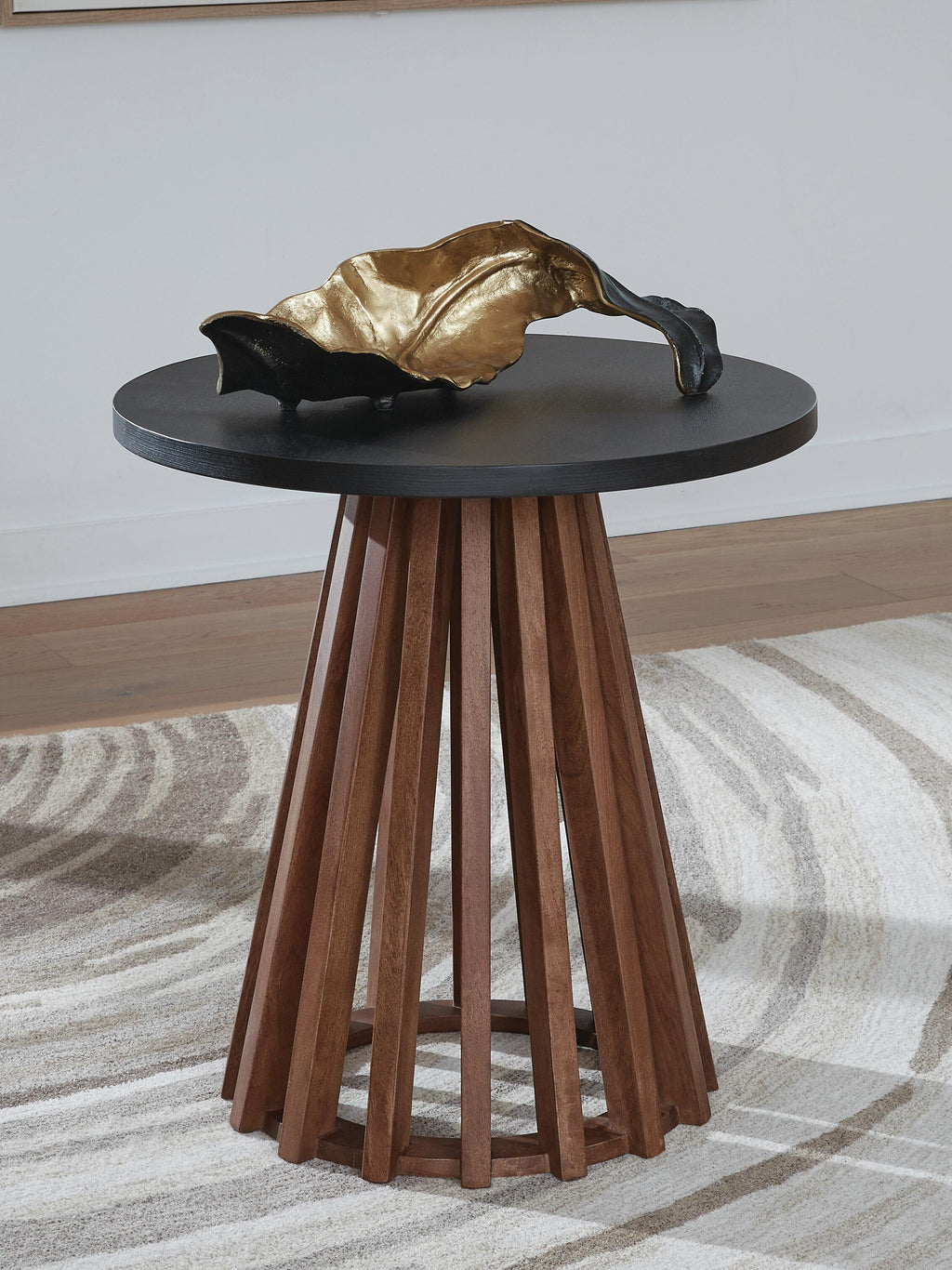 Kallari End Table in Warm Brown/Black, lifestyle view