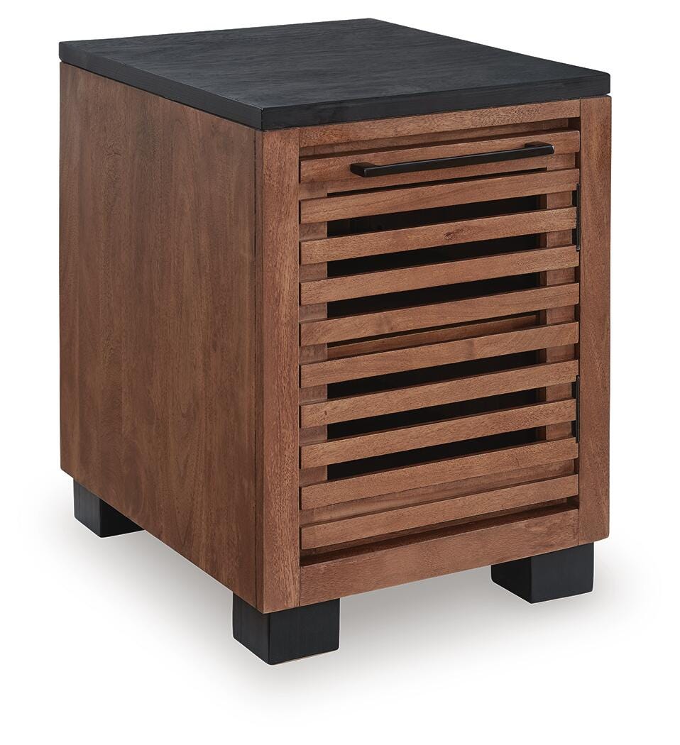 Kallari Chairside End Table in Warm Brown/Black, closed view