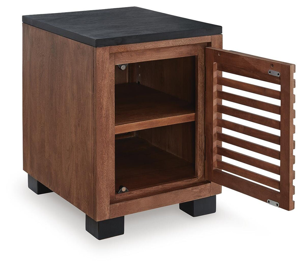 Kallari Chairside End Table in Warm Brown/Black, open view