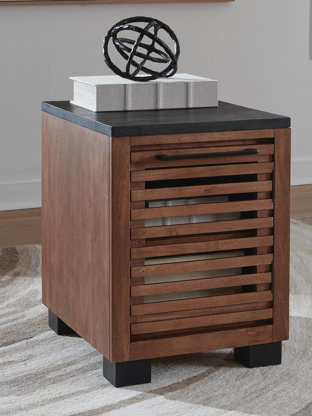 Kallari Chairside End Table in Warm Brown/Black, closed view
