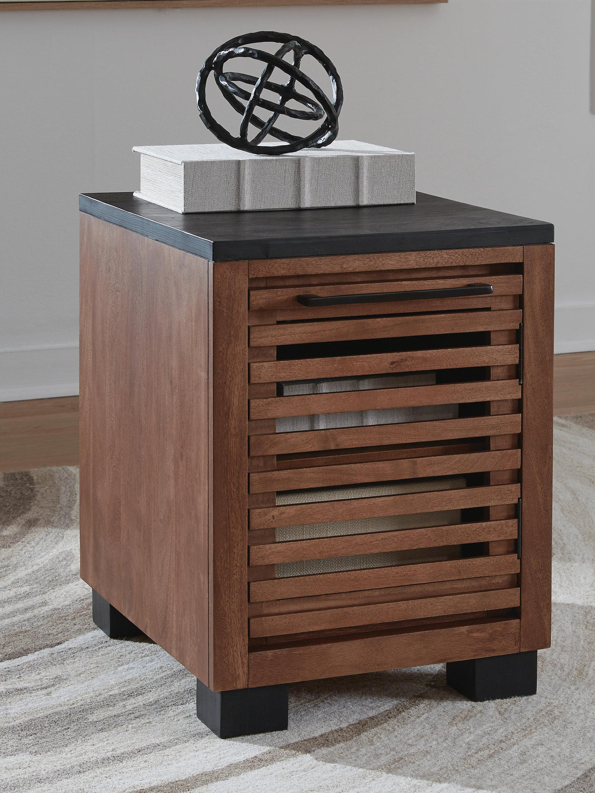 Kallari Chairside End Table in Warm Brown/Black, closed view