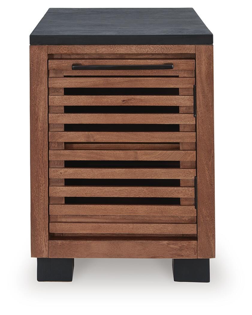 Kallari Chairside End Table in Warm Brown/Black, front view
