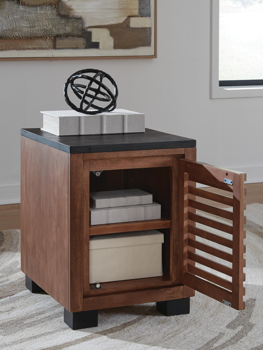 Kallari Chairside End Table in Warm Brown/Black, open view