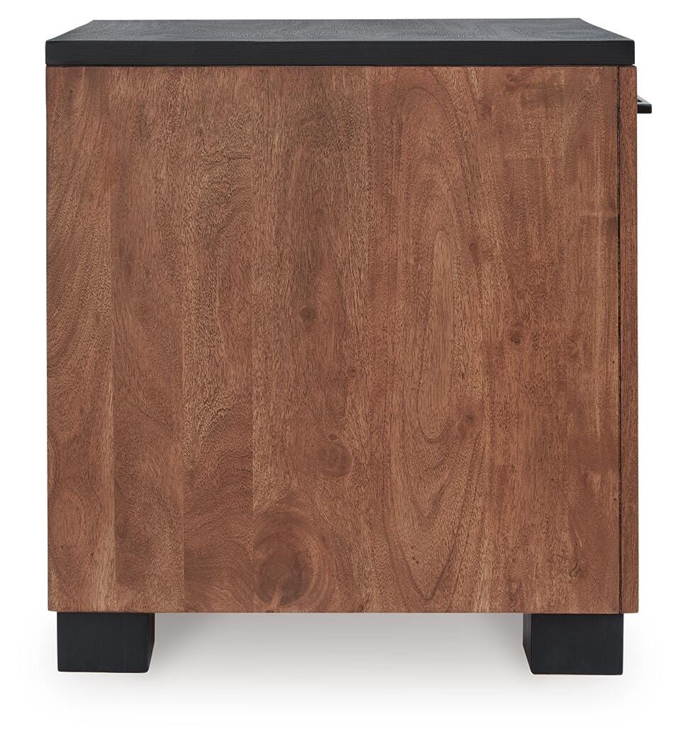 Kallari Chairside End Table in Warm Brown/Black, side view