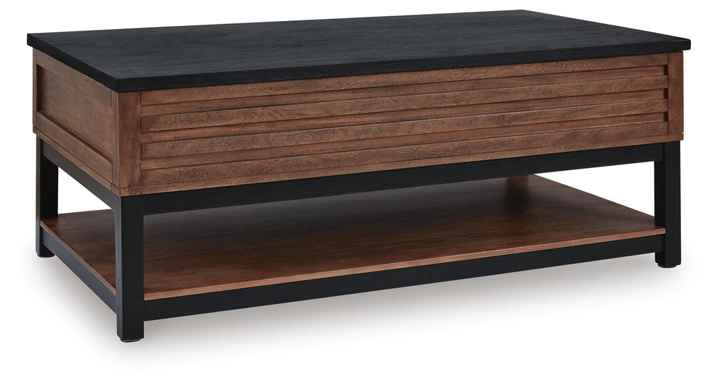 Kallari Lift-Top Coffee Table in Warm Brown/Black, closed view