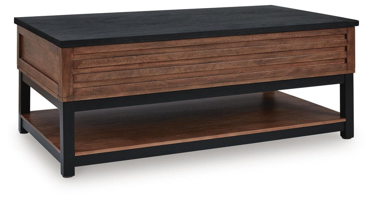 Kallari Lift-Top Coffee Table in Warm Brown/Black, closed view
