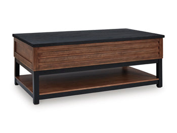 Kallari Lift-Top Coffee Table in Warm Brown/Black, closed view