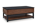 Kallari Lift-Top Coffee Table in Warm Brown/Black, closed view