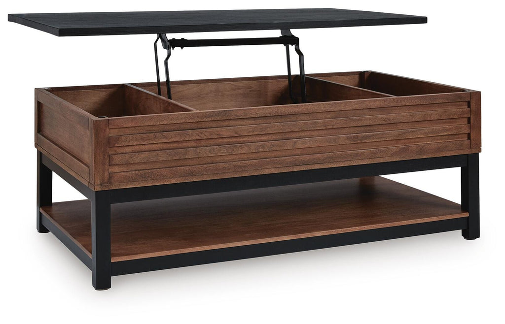 Kallari Lift-Top Coffee Table in Warm Brown/Black, open view