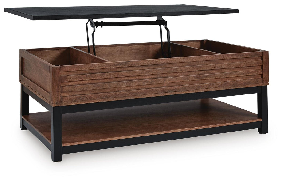 Kallari Lift-Top Coffee Table in Warm Brown/Black, open view