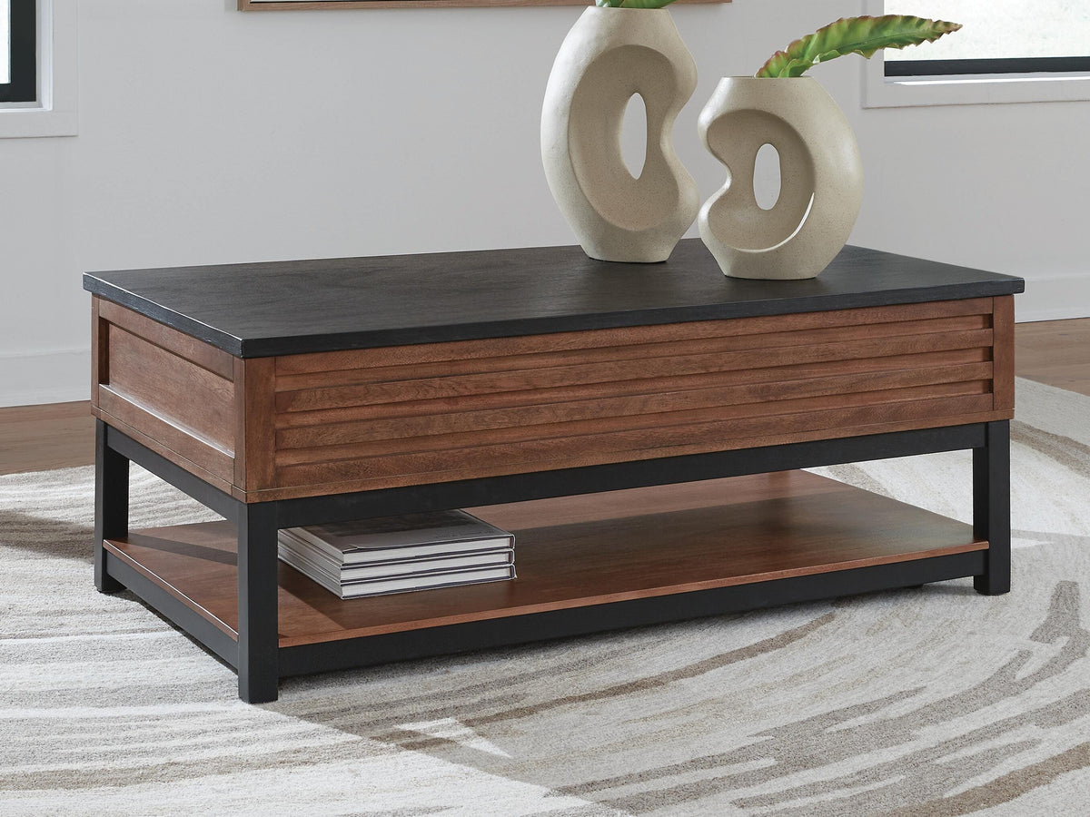 Kallari Lift-Top Coffee Table in Warm Brown/Black, closed view