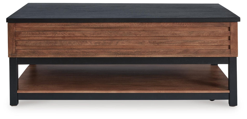 Kallari Lift-Top Coffee Table in Warm Brown/Black, front view