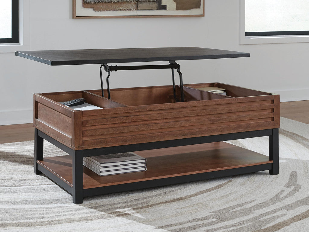 Kallari Lift-Top Coffee Table in Warm Brown/Black, open view