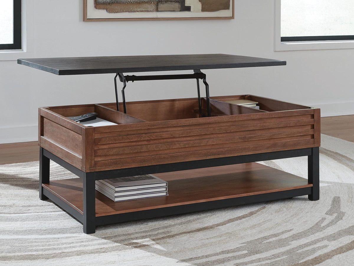 Kallari Lift-Top Coffee Table in Warm Brown/Black, open view