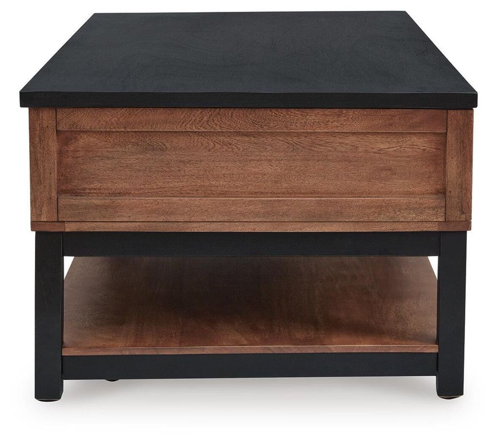 Kallari Lift-Top Coffee Table in Warm Brown/Black, side view