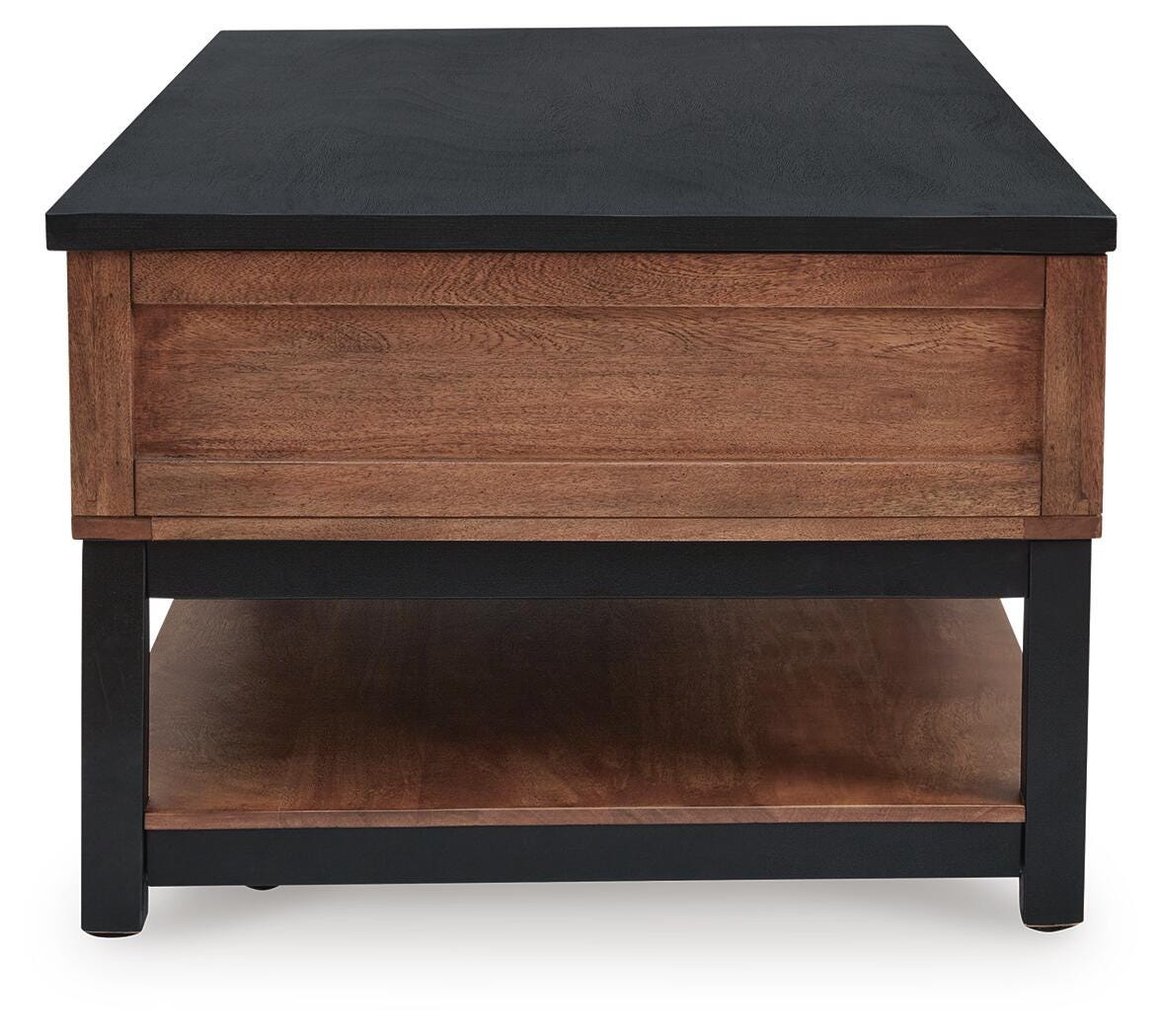 Kallari Lift-Top Coffee Table in Warm Brown/Black, side view