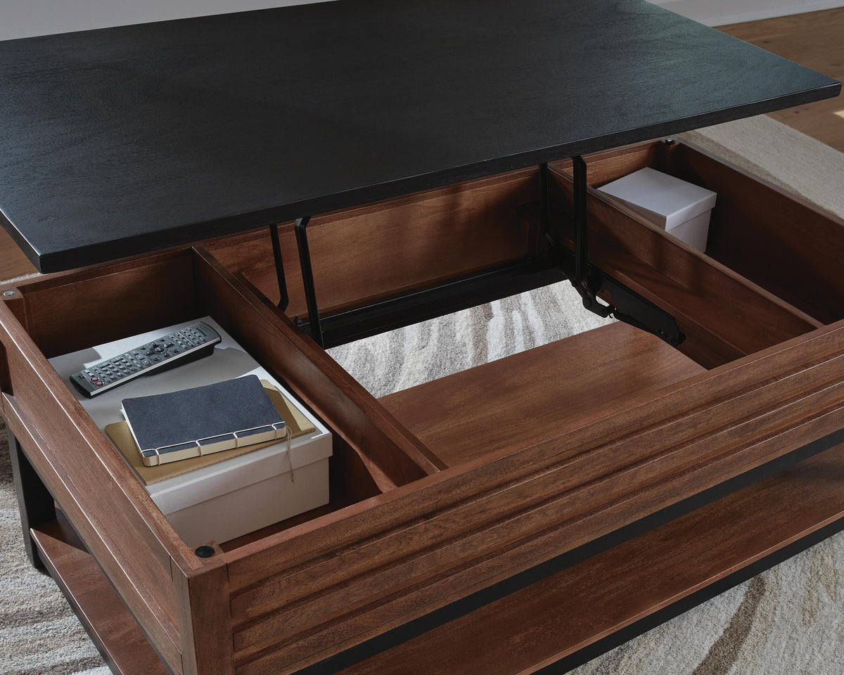 Kallari Lift-Top Coffee Table in Warm Brown/Black, detail view