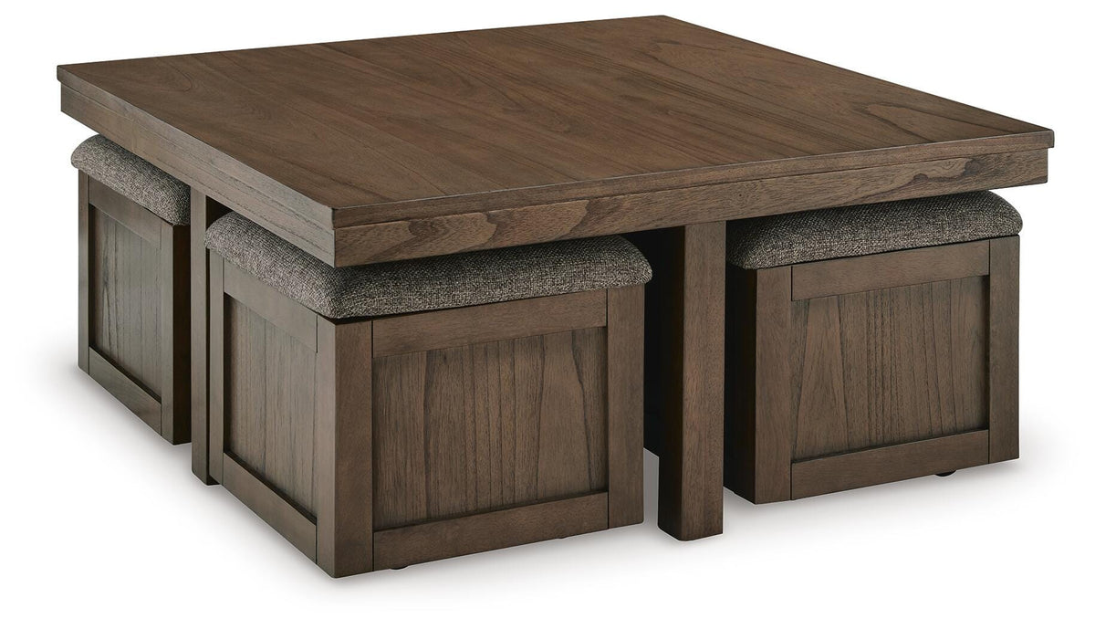Boardernest Coffee Table with 4 Stools in Brown, angle view