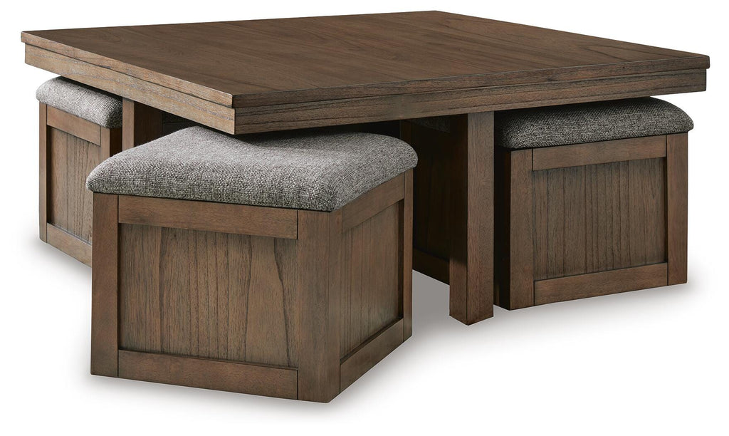 Boardernest Coffee Table with 4 Stools in Brown, angle view