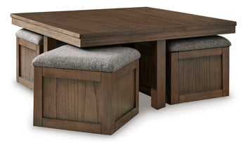 Boardernest Coffee Table with 4 Stools in Brown, angle view