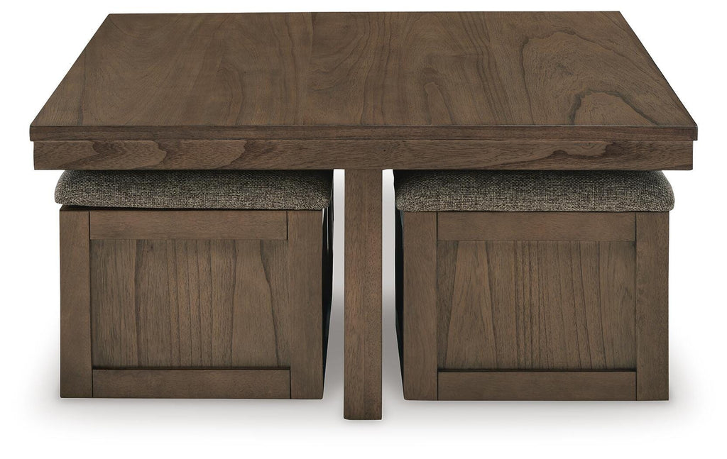 Boardernest Coffee Table with 4 Stools in Brown, front view
