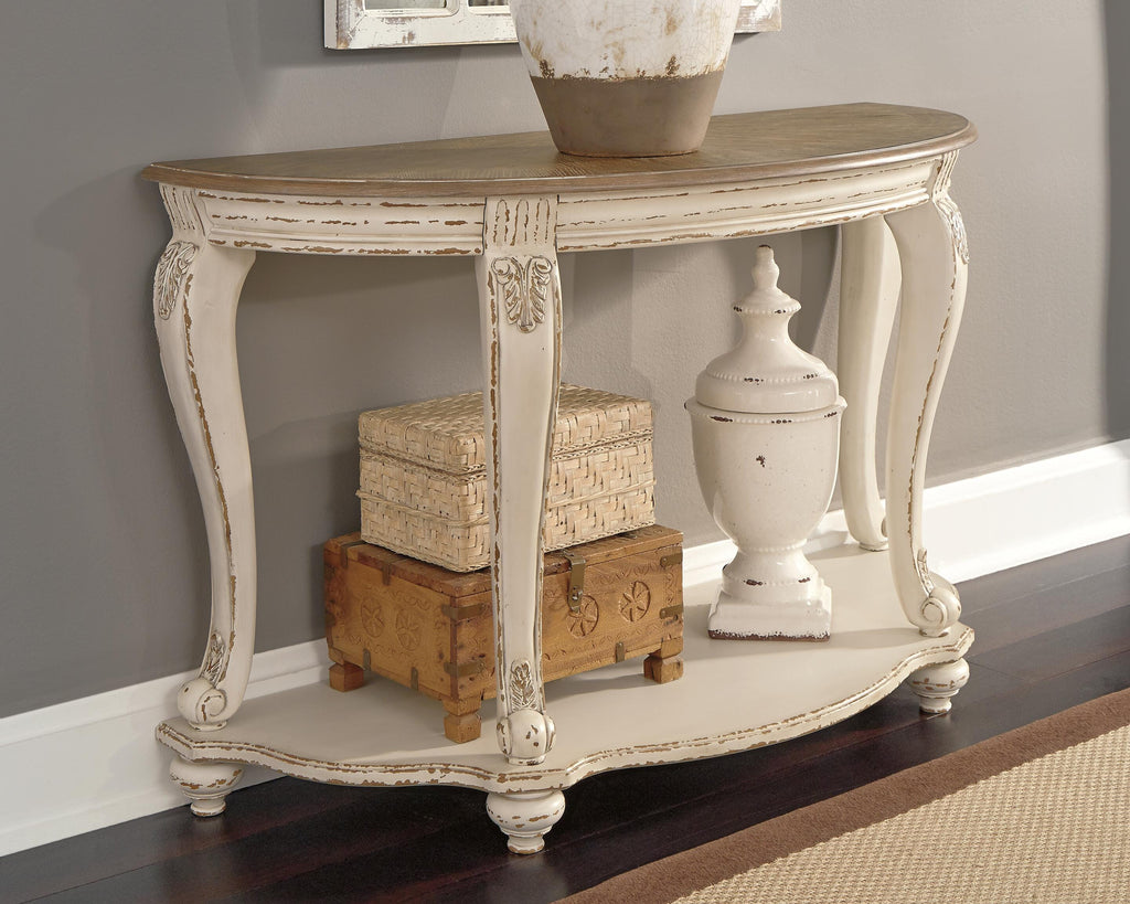 Realyn Sofa Table in White/Brown, lifestyle view