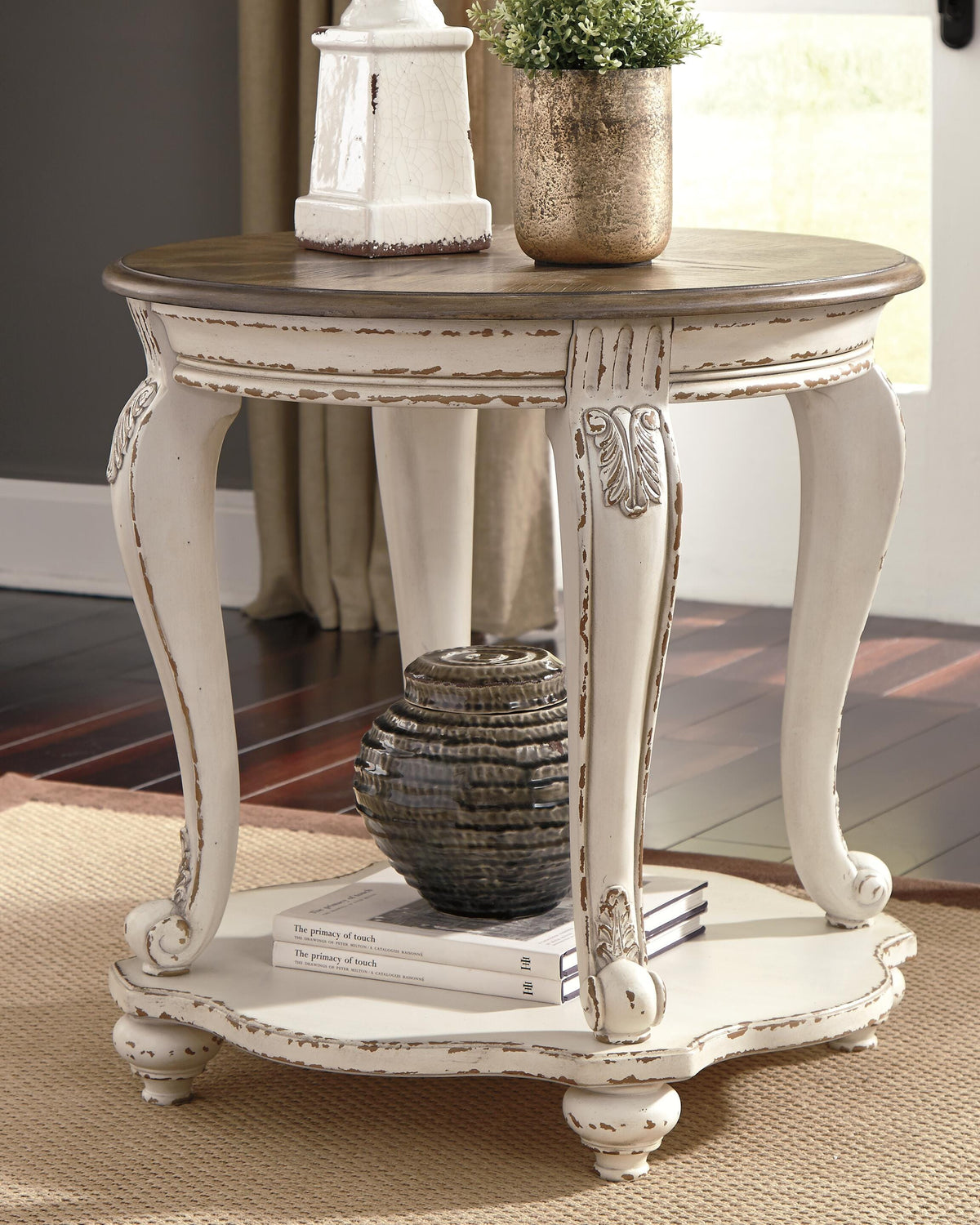 Realyn End Table in White/Brown, lifestyle view