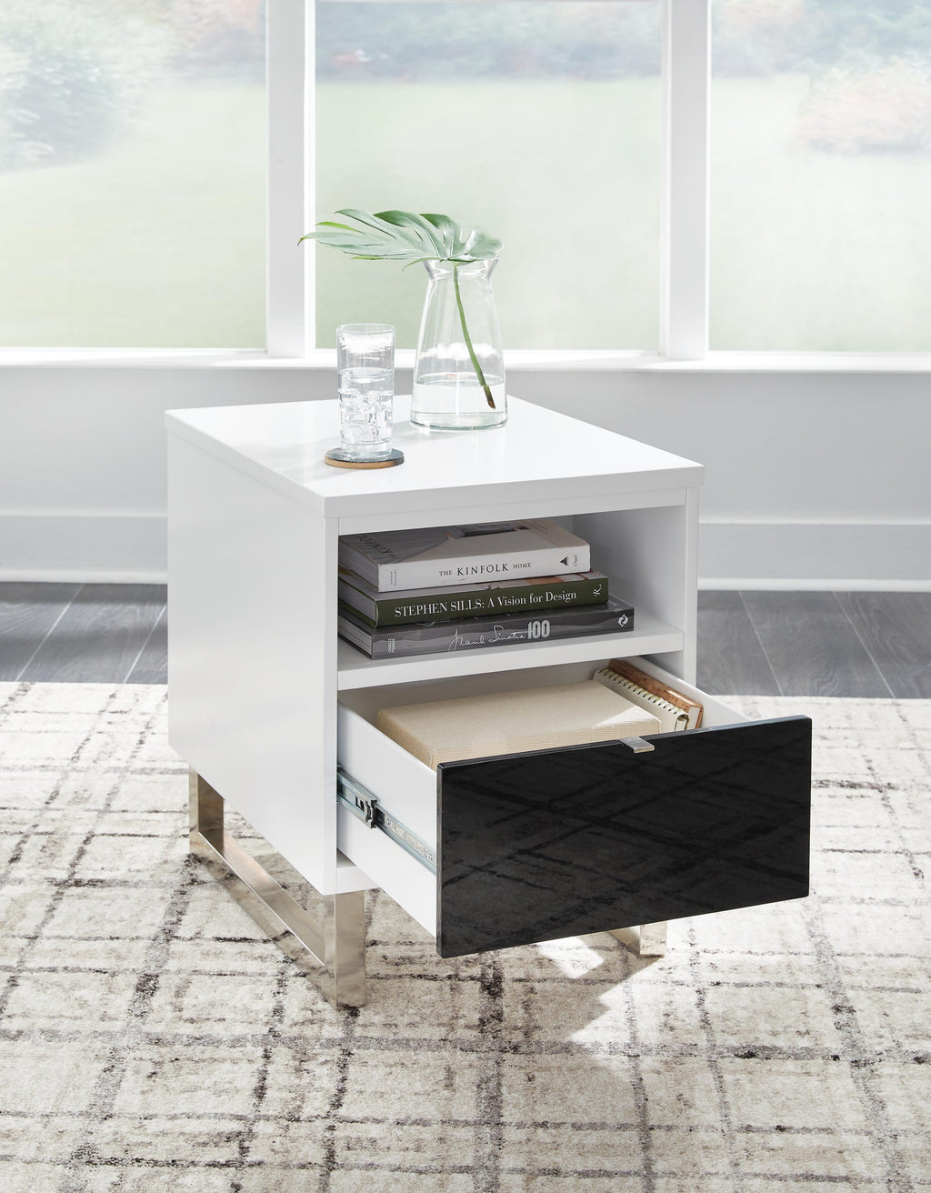 Gardoni Chairside End Table in White/Black, open view