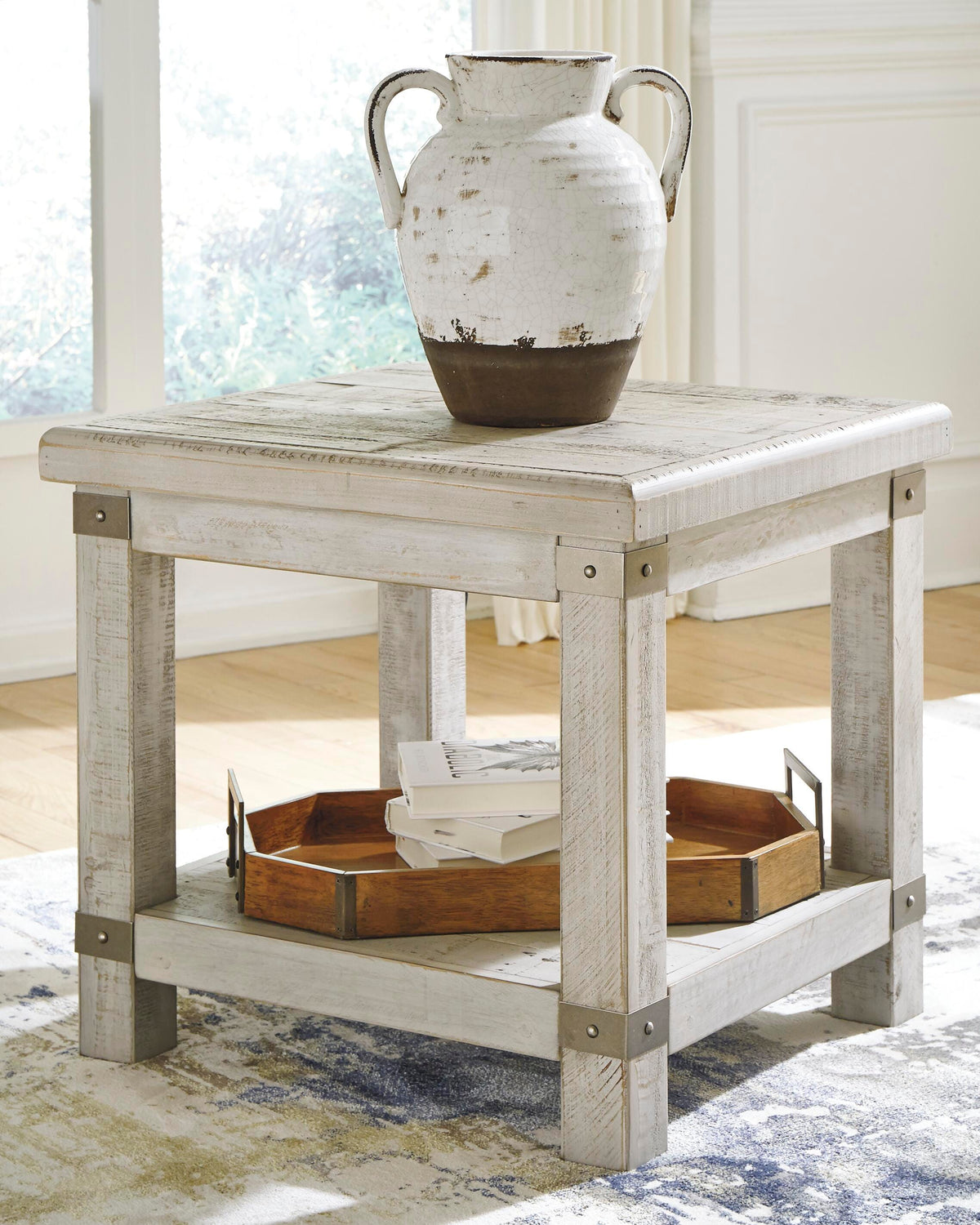 Carynhurst End Table in White Wash Gray, lifestyle view