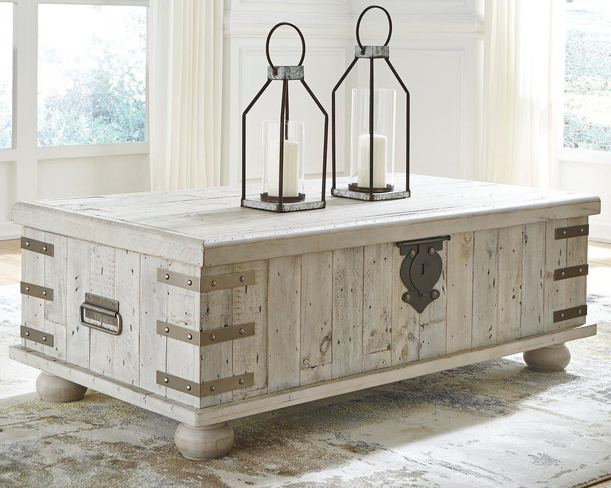 Carynhurst Coffee Table with Lift Top in White Wash Gray, lifestyle view