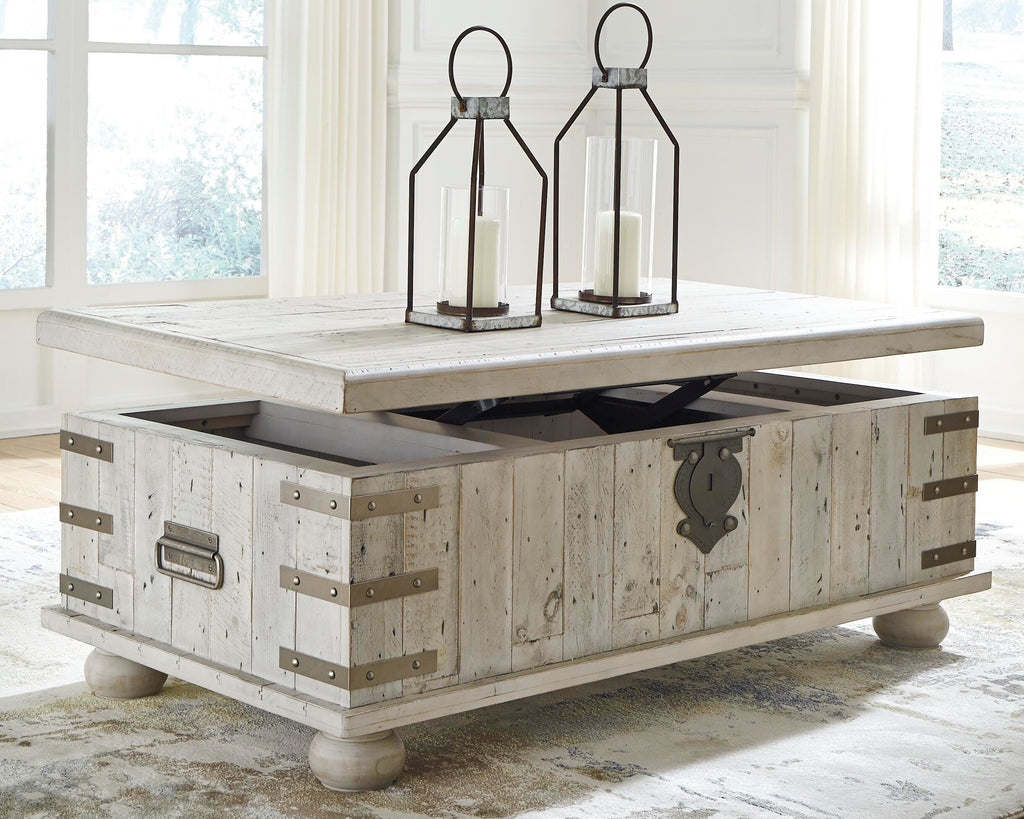 Carynhurst Coffee Table with Lift Top in White Wash Gray, open view