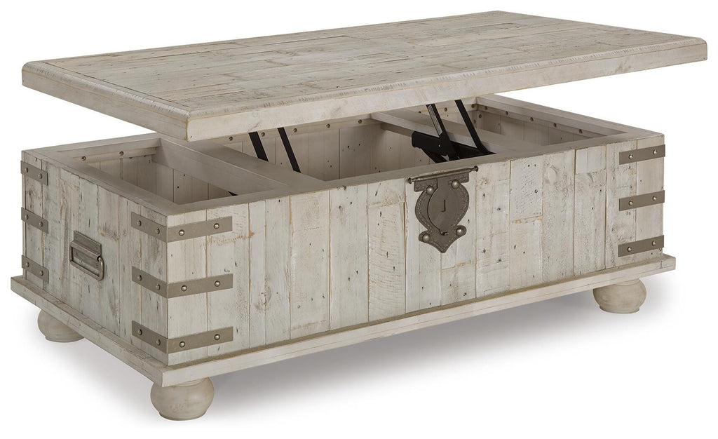 Carynhurst Coffee Table with Lift Top in White Wash Gray, open view