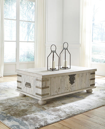 Carynhurst Coffee Table with Lift Top in White Wash Gray