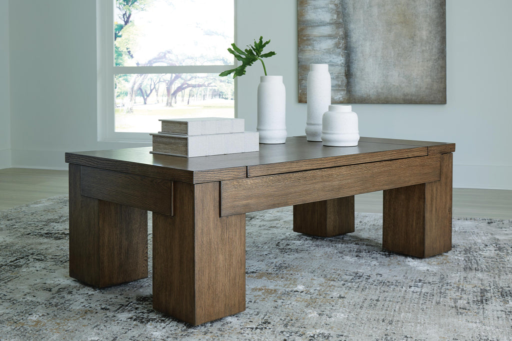 Rosswain Lift-Top Coffee Table in Warm Brown, closed view