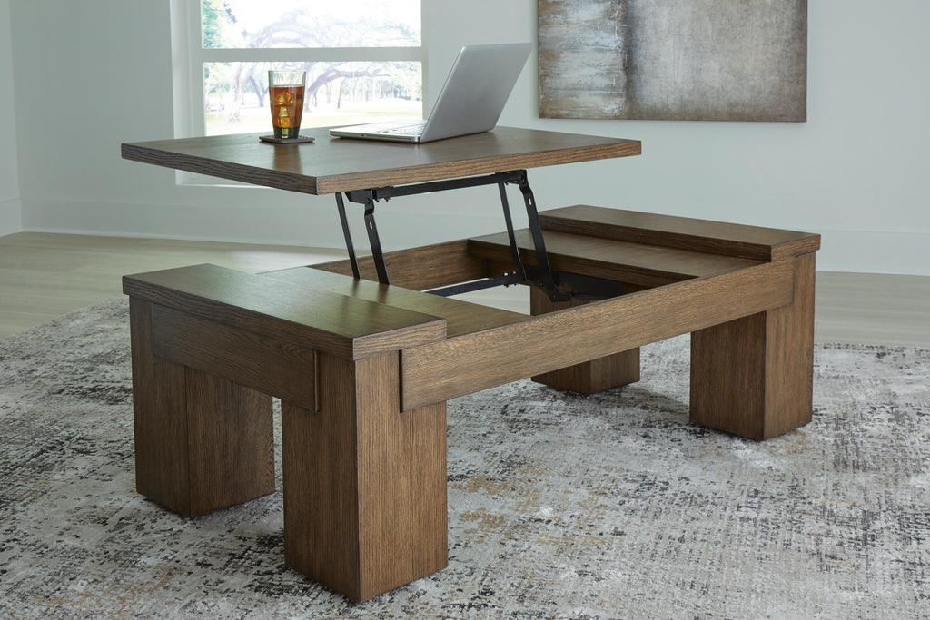 Rosswain Lift-Top Coffee Table in Warm Brown, open view