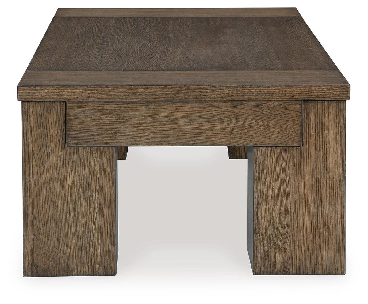 Rosswain Lift-Top Coffee Table in Warm Brown, side view