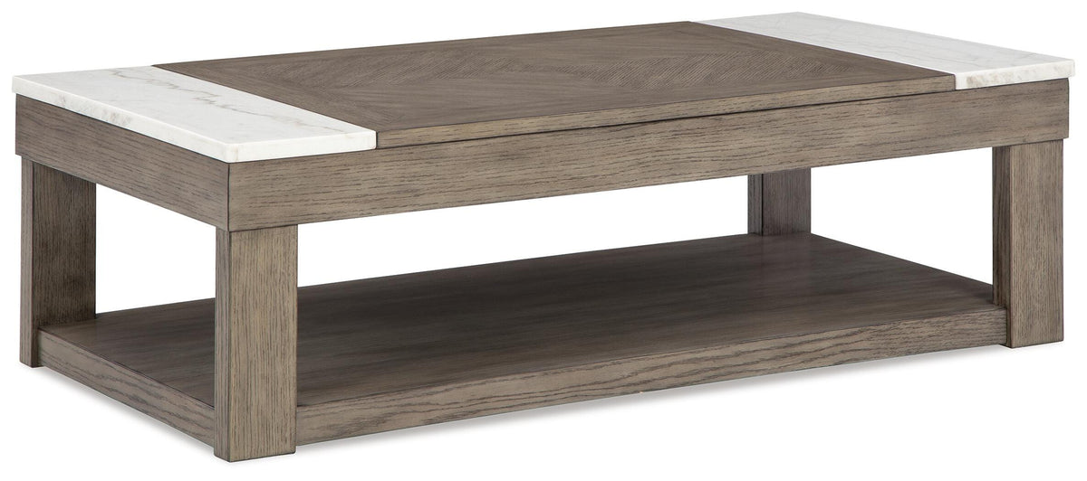 Loyaska Lift-Top Coffee Table in Grayish Brown/White, closed view