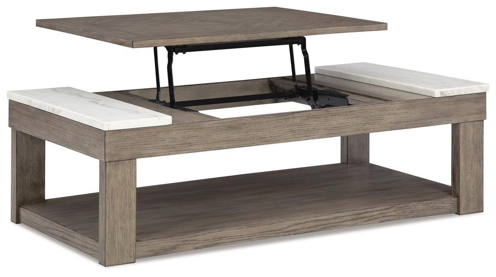 Loyaska Lift-Top Coffee Table in Grayish Brown/White, open view