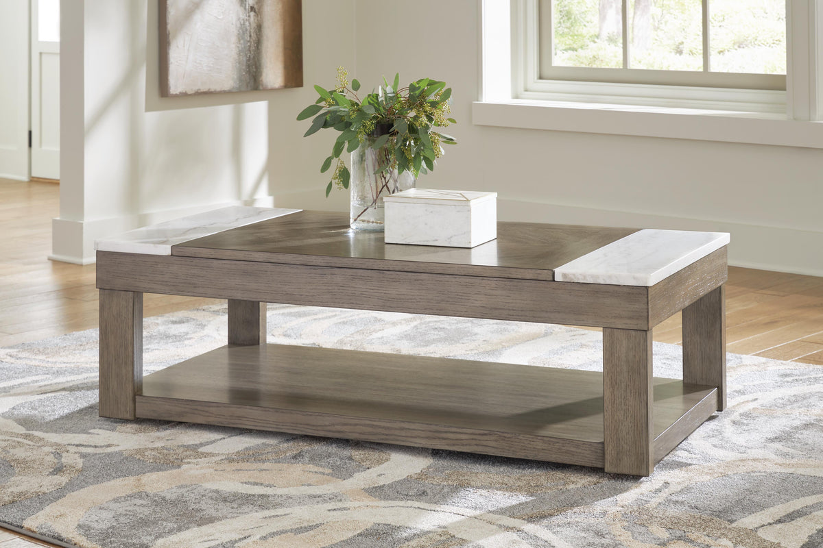 Loyaska Lift-Top Coffee Table in Grayish Brown/White, closed view