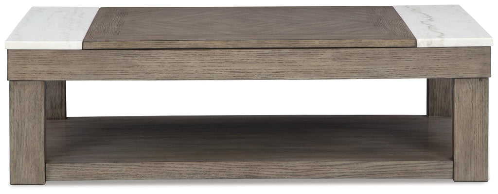 Loyaska Lift-Top Coffee Table in Grayish Brown/White, front view