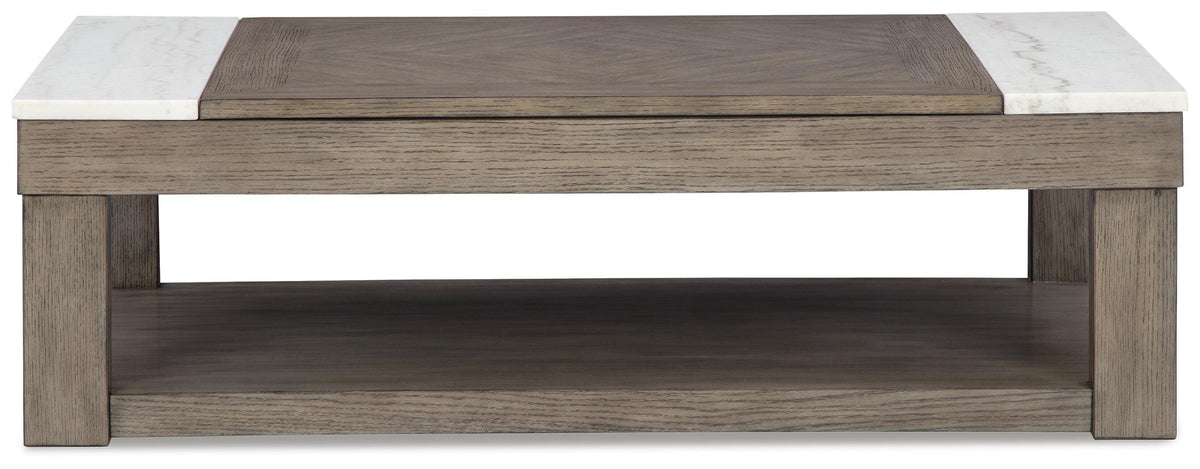Loyaska Lift-Top Coffee Table in Grayish Brown/White, front view